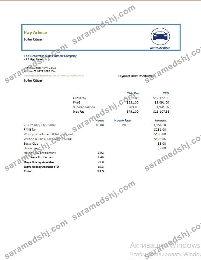 Automotive company pay advise template in Word and PDF formats
